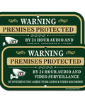 2 Pack Outdoor Security Warning Signs For Premises Guard Your Ground With 24 Hour Video And Audio Surveillance Alert Heavy Duty Aluminum Plate High Visibility Green Golden White Design Watch Your Back Built Tough Home Security, displayed together.