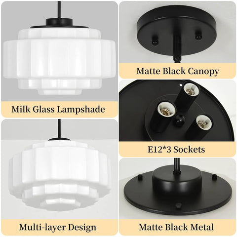 puncoll Vintage Black Milk Glass Pendant Light, 15.7'' White Chandelier with multi-layer milk glass lampshade and matte black canopy.