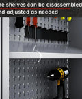 Close-up of Metal Wall Cabinet With Lockable Door For Garage Or Basement Black And Grey Pegboard Interior With Detachable Shelves showcasing interior with tools.