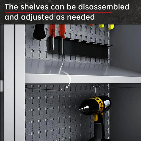 Close-up of Metal Wall Cabinet With Lockable Door For Garage Or Basement Black And Grey Pegboard Interior With Detachable Shelves showcasing interior with tools.
