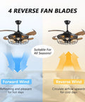 42 Inch Slick Industrial Retractable Ceiling Fan With Lights And Remote Retro Black Cage Chandelier Style Fandelier For Farmhouse Bedroom And Living Room Quiet Powerful Motor Easy Remote Control showing forward and reverse airflow directions