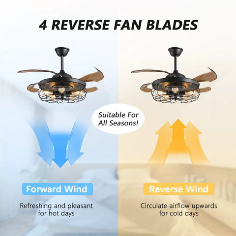 42 Inch Slick Industrial Retractable Ceiling Fan With Lights And Remote Retro Black Cage Chandelier Style Fandelier For Farmhouse Bedroom And Living Room Quiet Powerful Motor Easy Remote Control showing forward and reverse airflow directions