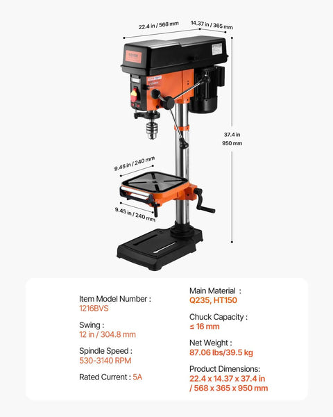 Built Different 12 Inch Benchtop Drill Press With Beefy 5 Amp Motor And Variable Speed Control, showing laser guide light and tilting table.