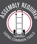 Assembly required notice for Heavy Duty Aluminum Paddle Brake Hand Truck design, emphasizing use of common tools for setup.