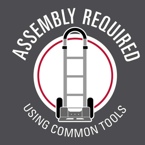 Assembly required notice for Heavy Duty Aluminum Paddle Brake Hand Truck design, emphasizing use of common tools for setup.