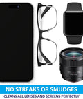 Smartphone, black-framed eyeglasses, smartwatch, and camera lens on white background