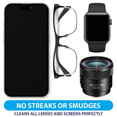 Smartphone, black-framed eyeglasses, smartwatch, and camera lens on white background