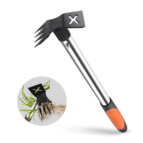 Close-up of 17 Inch Weed Puller Tool 2 In 1 Garden Hoe And Rake For Weeding Uprooting Planting with steel handle and 4 teeth rake