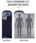 Roomy Three Season Sleeping Bag For Adults And Teens Lightweight Waterproof Cold Weather Camping Gear shows single and blanket modes