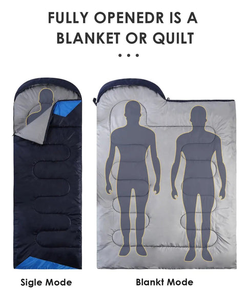 Roomy Three Season Sleeping Bag For Adults And Teens Lightweight Waterproof Cold Weather Camping Gear shows single and blanket modes
