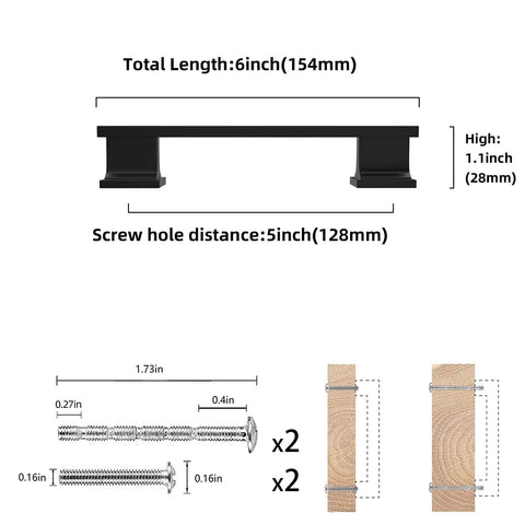 Diagram showing Easy Install Matte Black Cabinet Handles 2 Pack 5 Inch Center To Center Drawer Pulls with screws and dimensions