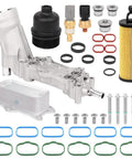 Aluminum Engine Oil Cooler And Oil Filter Housing Adapter For 3.6L V6 Engines 2011 2016 with install kit components visible