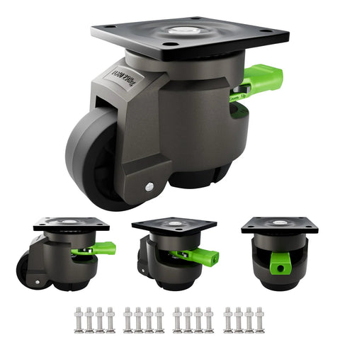 4 Pack Leveling Casters Heavy Duty With Upgraded Ratchet 360 Degree Swivel With Feet Height Adjustable Total Capacity 2200 Lbs Ideal For Workbenches And Machinery Easy Height Adjustment By Shaking Handle For Quick Leveling On Any Surface.