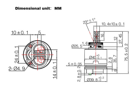 Technical drawing of 40mm Shower Cartridge Replacement for Tub and Shower Faucets Black 2.97 Inch Tall 1.58 Inch Wide Ceramic Disc.