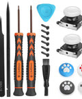 Switch Lite Analog Stick Repair Kit 19 In 1 OEM thumbstick parts with Y00 triwing screwdriver, thumb caps, and tweezers shown.