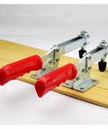 Heavy Duty Horizontal Toggle Clamp Metal Plunger Push Pull Fixture For Welding And Garage Builds Sweet Tight Grip Angled Handle Design on wooden surface.