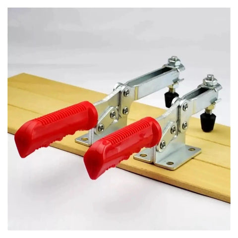 Heavy Duty Horizontal Toggle Clamp Metal Plunger Push Pull Fixture For Welding And Garage Builds Sweet Tight Grip Angled Handle Design on wooden surface.
