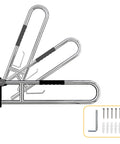 Real Deal 32 Inch Flip Up Toilet Safety Handle In Brushed Nickel Featuring Built In Paper Dispenser And Anti Slip Rubber Knobs Beefy 304 Stainless Steel Construction For Dependable Handicap Assistance And Wheelchair Accessible Restroom Design, shown folded against the wall with mounting kit.