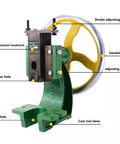 Pro-Grade Arbor Press With Oversized Hand Wheel, Heavy-Duty Cast Iron Bench Press showing detailed components like wear-resistant headstock.