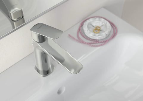 Logis Fine 1 Hole Single Handle Bathroom Faucet For Vanity Chrome Finish 1.2 GPM Water Saving Sink Tap on white sink top