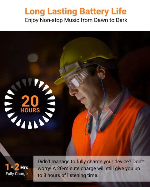 Worker wearing Boss Level Wireless Noise Cancelling Neckband Headphones With Qualcomm AptX HD, 20-hour battery, orange vest, hard hat.