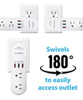 Swivel Power Charging Station With Surge Protection, No-Fuss Nine-Device Charging Hub Featuring Six 3-Prong Outlets And Three USB Ports