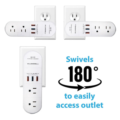 Swivel Power Charging Station With Surge Protection, No-Fuss Nine-Device Charging Hub Featuring Six 3-Prong Outlets And Three USB Ports