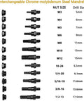 Image of interchangeable chrome-molybdenum steel mandrels with sizes M3 to 1/2-13, showing nut sizes and corresponding drill sizes.
