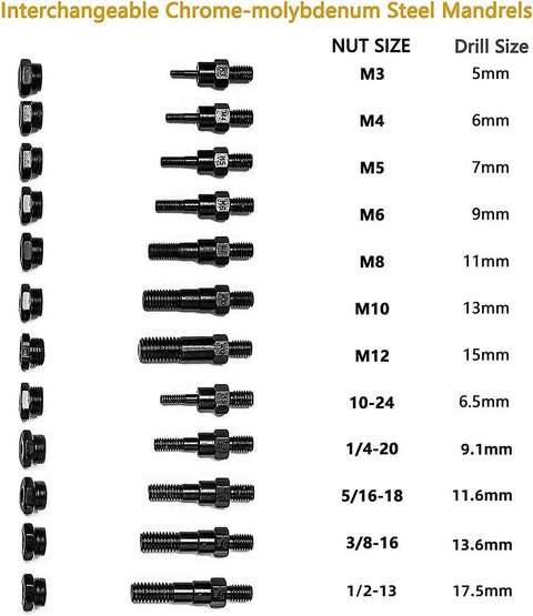 Image of interchangeable chrome-molybdenum steel mandrels with sizes M3 to 1/2-13, showing nut sizes and corresponding drill sizes.