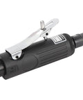 Badass Pneumatic Die Grinder Kit Delivering Killer Torque At Twenty Five Thousand Rpm For Heavy Duty Metal Polishing Cutting And Weld Repair On Glass Ceramics And Plastics With Pro Shop Control angle grinder with a silver safety trigger.