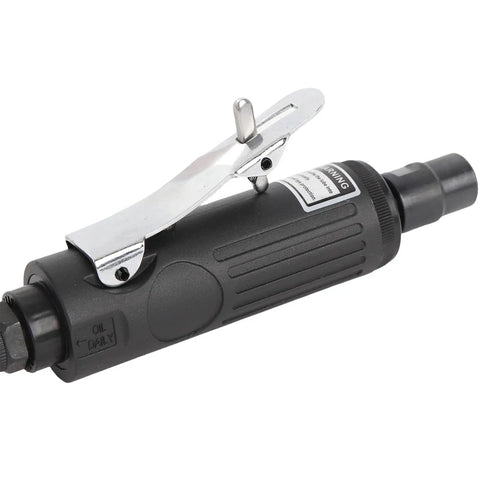 Badass Pneumatic Die Grinder Kit Delivering Killer Torque At Twenty Five Thousand Rpm For Heavy Duty Metal Polishing Cutting And Weld Repair On Glass Ceramics And Plastics With Pro Shop Control angle grinder with a silver safety trigger.
