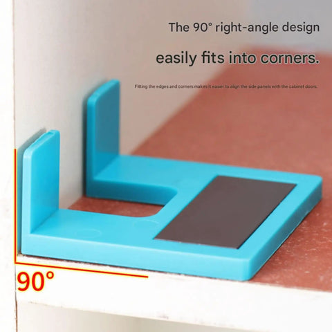 Magnetic Door Hinge Jig for No Drill Needed Installations with 90-degree right-angle design, shown fitting into a corner.