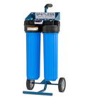 Deionized Water System For Cars, RVs, Boats, Planes And More, Spotless Wash Experience; blue dual cartridges on rolling cart.