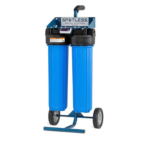 Deionized Water System For Cars, RVs, Boats, Planes And More, Spotless Wash Experience; blue dual cartridges on rolling cart.