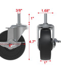 Four Inch Brake Stem Casters With Lock Nuts Swivel Rubber Wheels Three Eighths Inch Stem Sixteen Threads Per Inch By One Inch Long