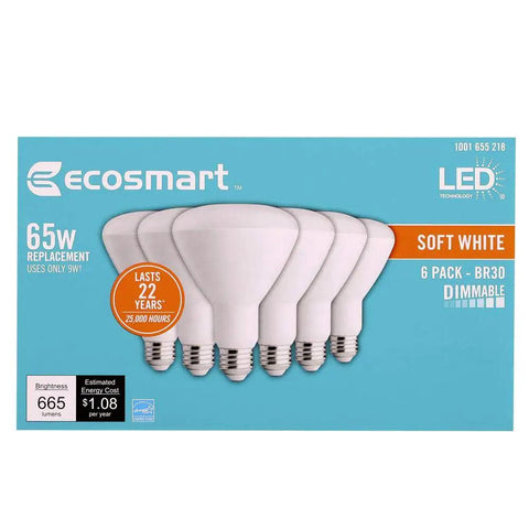 65W Replacement LED BR30 Dimmable Soft White 2700K E26 Base Energy Star Reflector Lamp For Recessed Can Lights Six Pack