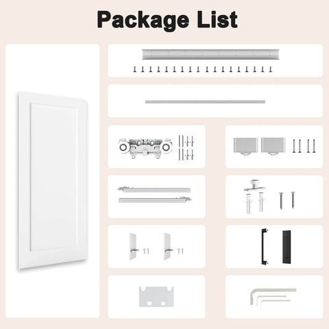 Package list for Concealed Sliding Barn Door 36 By 84 Inches Shaker Style Flat One Panel White Primed Solid Core with hardware