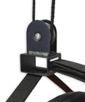 Close-up of heavy-duty alloy steel component of Garage Ceiling Pulley System 2 Pack For Kayaks And Canoes, showing pulley and straps.
