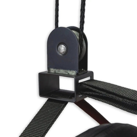 Close-up of heavy-duty alloy steel component of Garage Ceiling Pulley System 2 Pack For Kayaks And Canoes, showing pulley and straps.