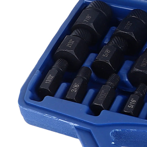 Close-up of sizes on Beast 25 Piece Screw Extractor Set For Broken Screws And Bolts, Alloy Steel Remover Kit in blue case