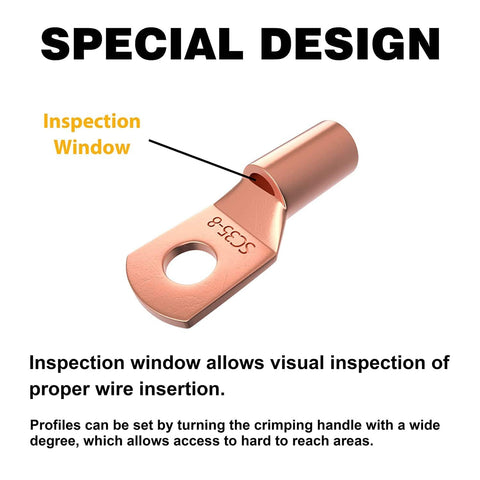 Copper lug ring terminal with inspection window from Battery Cable Lug Crimping Tool Set For AWG 10 Up To One Zero With Rotating Die And High Precision Jaws