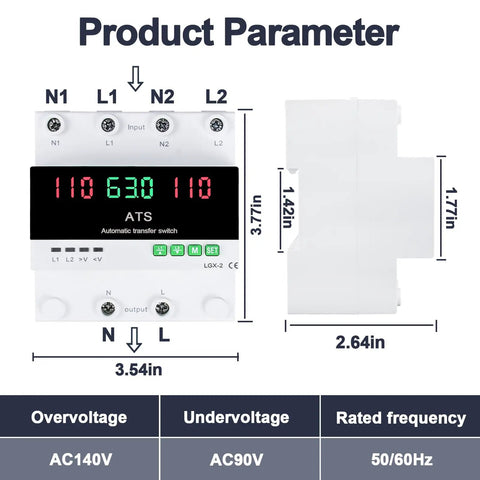 63A 110V Automatic And Manual Transfer Switch For Generator Backup Power And Gas Furnace DIN Rail Mount 50/60Hz LED Display