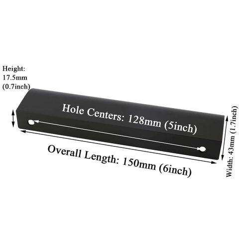 Premium Matte Black Cabinet Handles And Finger Pulls For Kitchen Cupboards 5 Inch Aluminum Alloy Drawer Grips shown with dimensions.