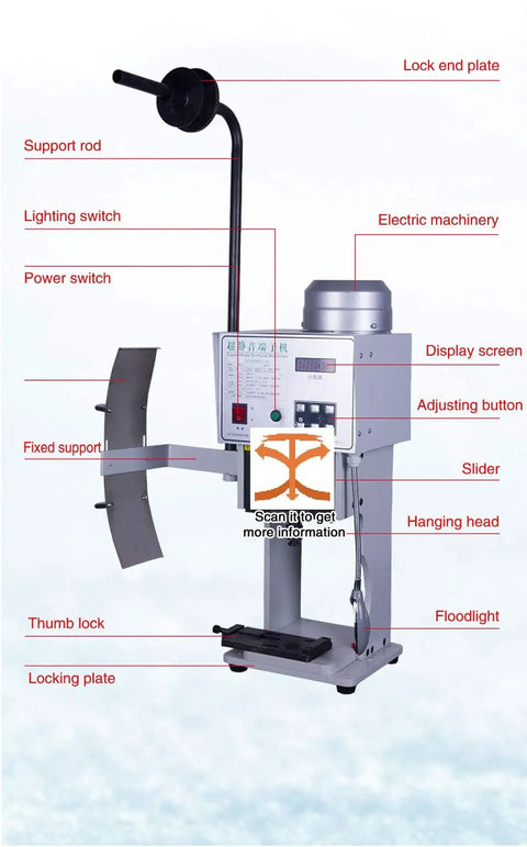 Detailed view of Heavy Duty Automatic Wire Crimping Machine with labels for parts like power switch and display screen.