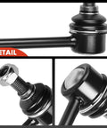 Front Sway Bar Link Stabilizer For Nissan Altima 2007-2021, Maxima 2009-2014 And 2016-2021, Murano 2009-2021, Pathfinder 2013-2020, Rogue 2008-2019, Rogue Sport 2017-2019, Infiniti JX35 2013, QX60 2014-2020, Smooth Ride, Precise Handling close-up of black steel sway bar link with ball joint and threaded stud