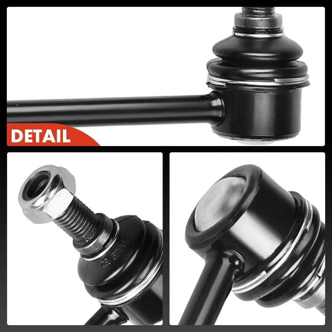Front Sway Bar Link Stabilizer For Nissan Altima 2007-2021, Maxima 2009-2014 And 2016-2021, Murano 2009-2021, Pathfinder 2013-2020, Rogue 2008-2019, Rogue Sport 2017-2019, Infiniti JX35 2013, QX60 2014-2020, Smooth Ride, Precise Handling close-up of black steel sway bar link with ball joint and threaded stud