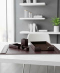 Bonded Leather Desk Set With Luxury Leather Desk Pad And Five Piece Organization Accessories In Dark Brown For A Boss Level Office Vibe