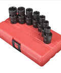 Three Eighths Inch Drive SAE Universal Impact Socket Set, 6-Point, CR-Mo Alloy Steel, 7-Piece, in red portable molded tray.