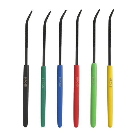 Six-Piece HRC40 To HRC65 Hardness Tester File Set With Color-Coded Handles, 7.1-Inch Carbon Steel Files, Heavy-Duty Pro-Grade Metal Hardness Testing Kit For Industrial QC, Machining, Tool Manufacturing, Includes Oxford Storage Bag. Six color-coded curved files