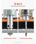 Magnetic drill press, two-panel view; left shows large-diameter coring bit, right shows small-diameter drilling bit.